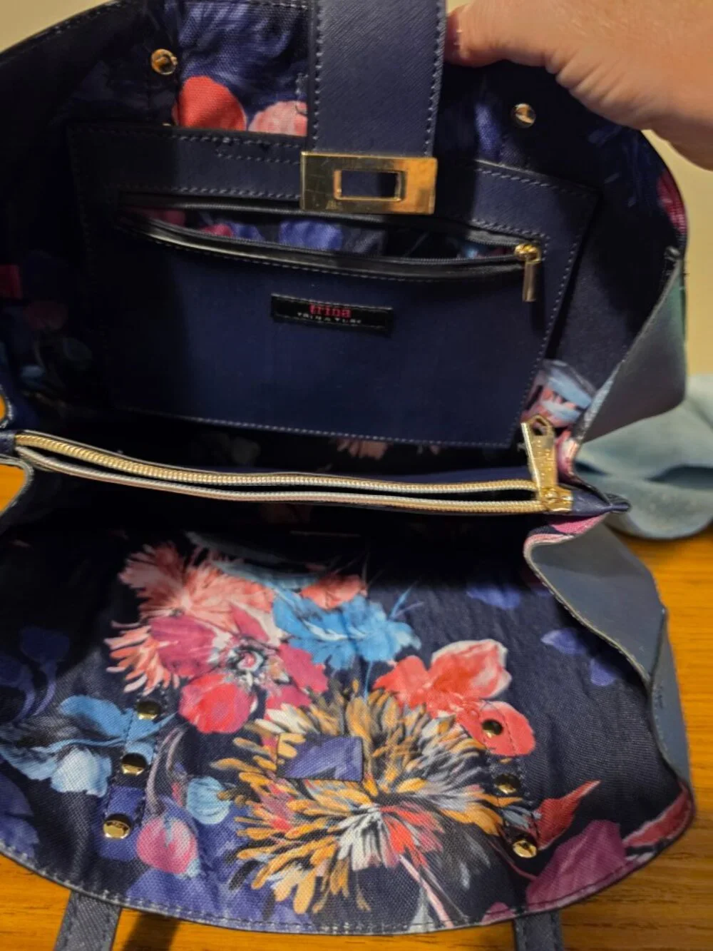 Trina Turk Navy Saffiano Structured Shoulder Tote Bag Floral Lining Turnlock